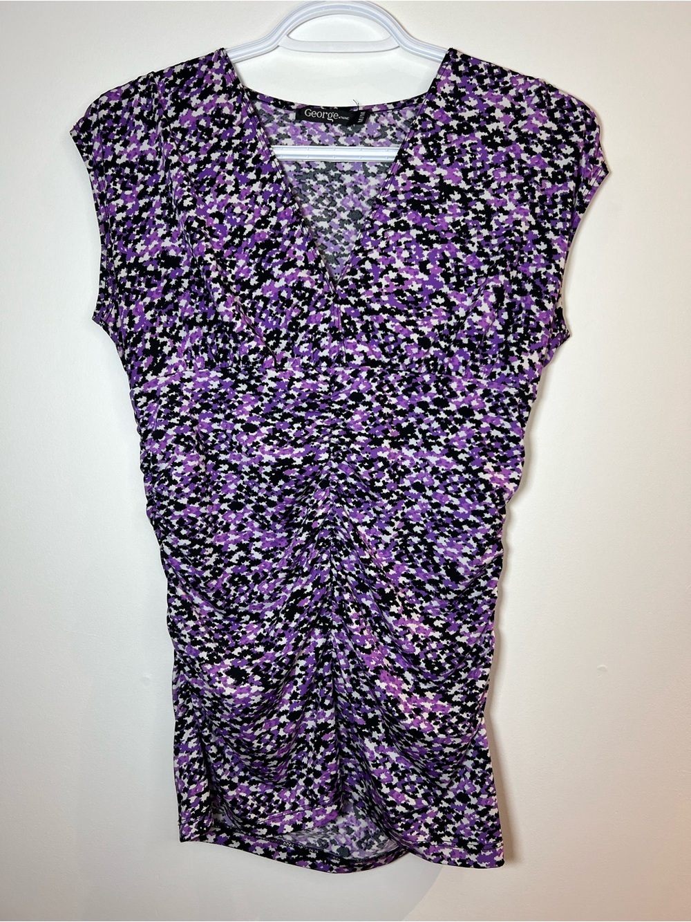 George Women's Medium Purple Patterned Ruched V-Neck Top